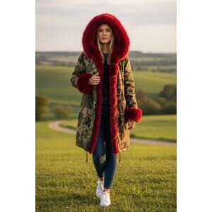 Women Hooded Military Camouflage Fur Trim Parka Coat Jacket Size XXL